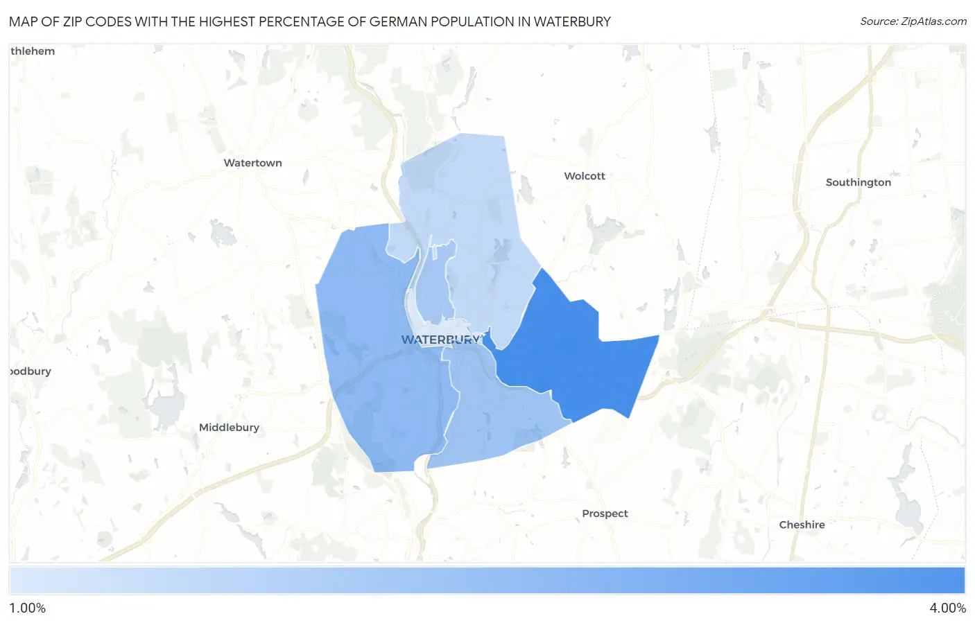 Zip Codes with the Highest Percentage of German Population in Waterbury Map