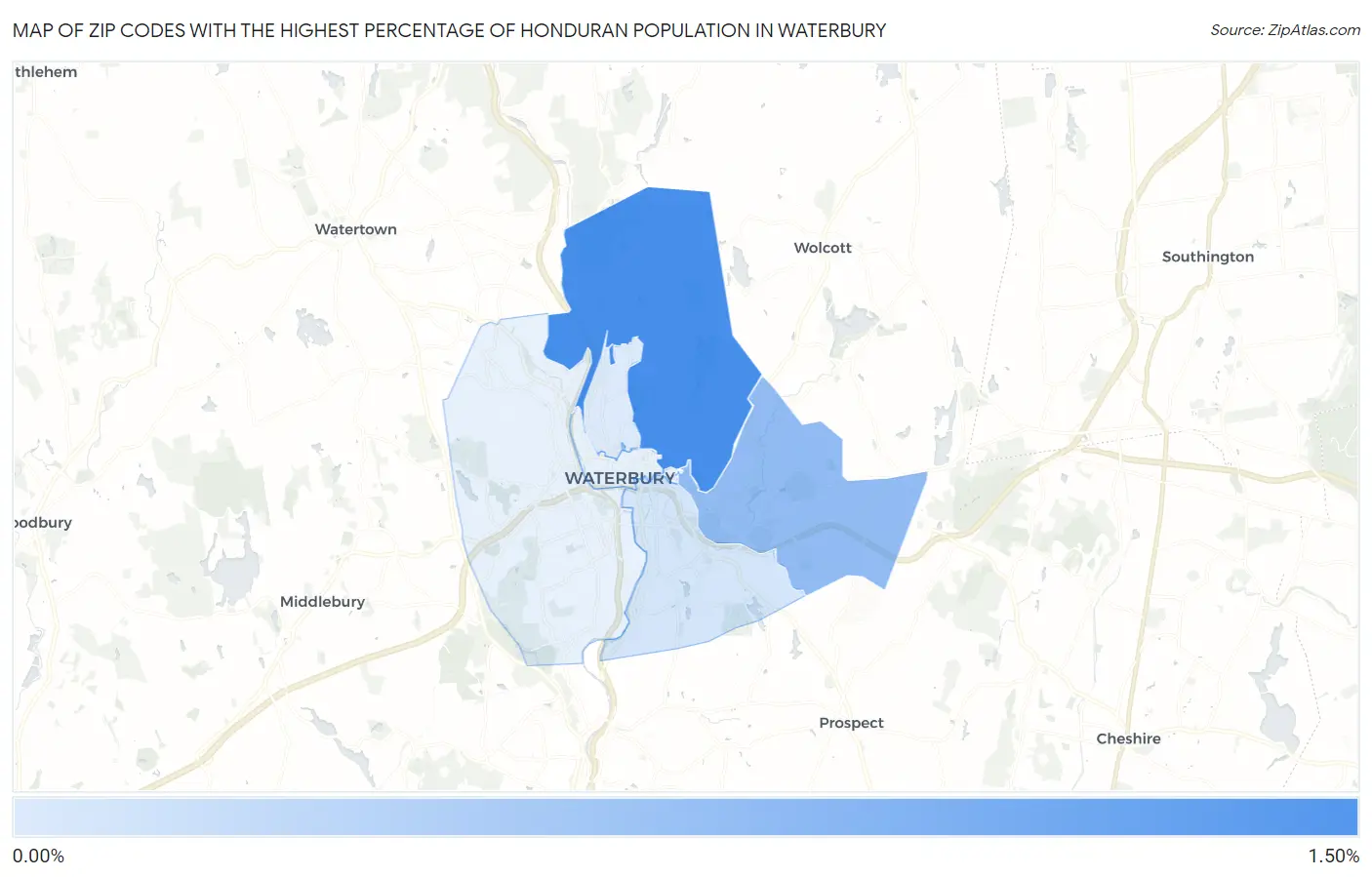 Zip Codes with the Highest Percentage of Honduran Population in Waterbury Map