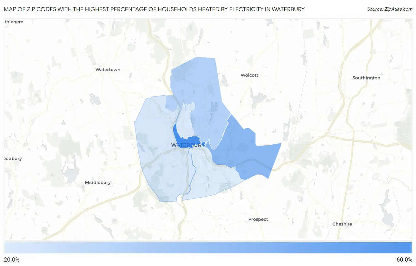 Zip Codes with the Highest Percentage of Households Heated by Electricity in Waterbury Map