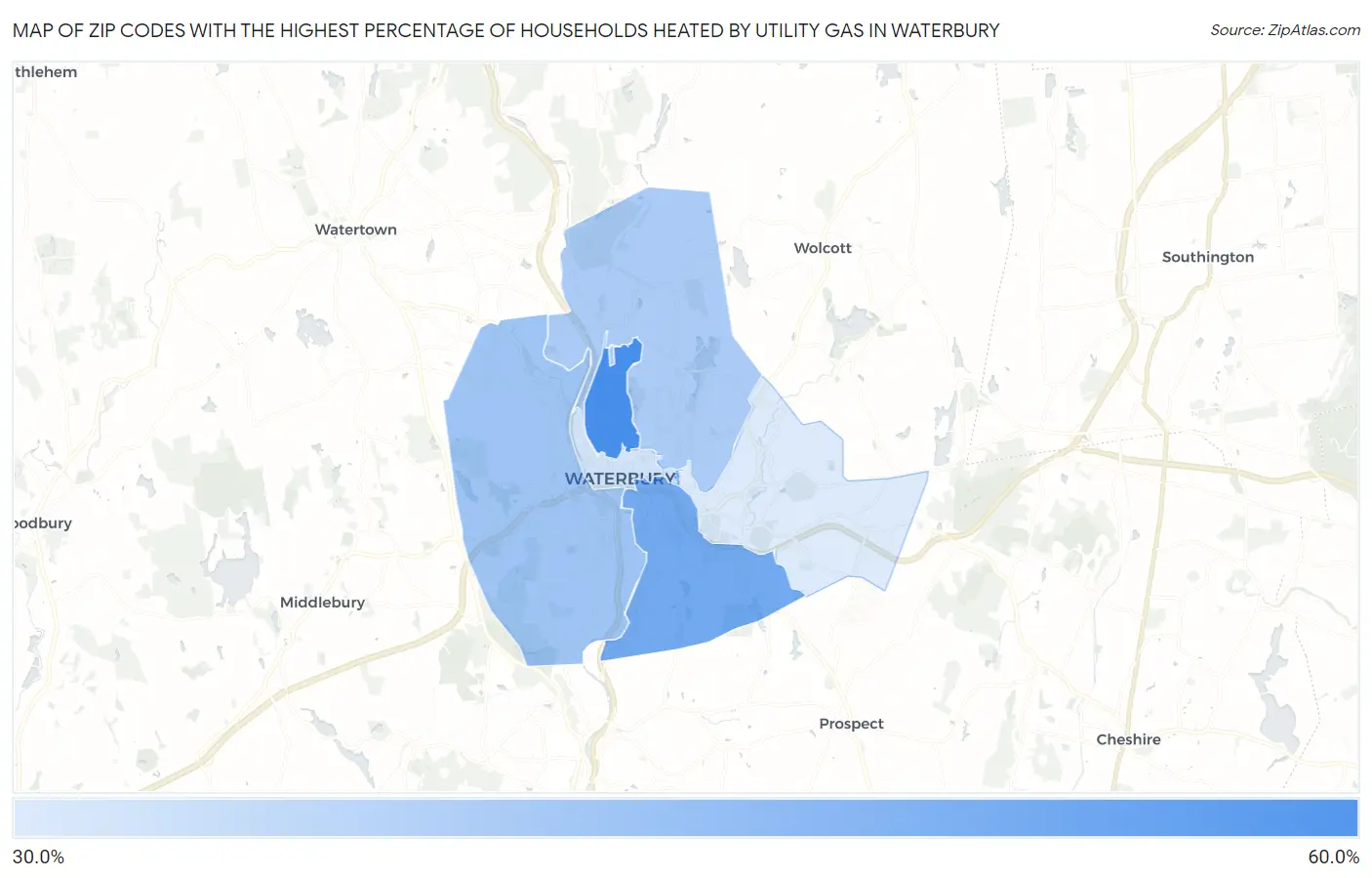 Zip Codes with the Highest Percentage of Households Heated by Utility Gas in Waterbury Map