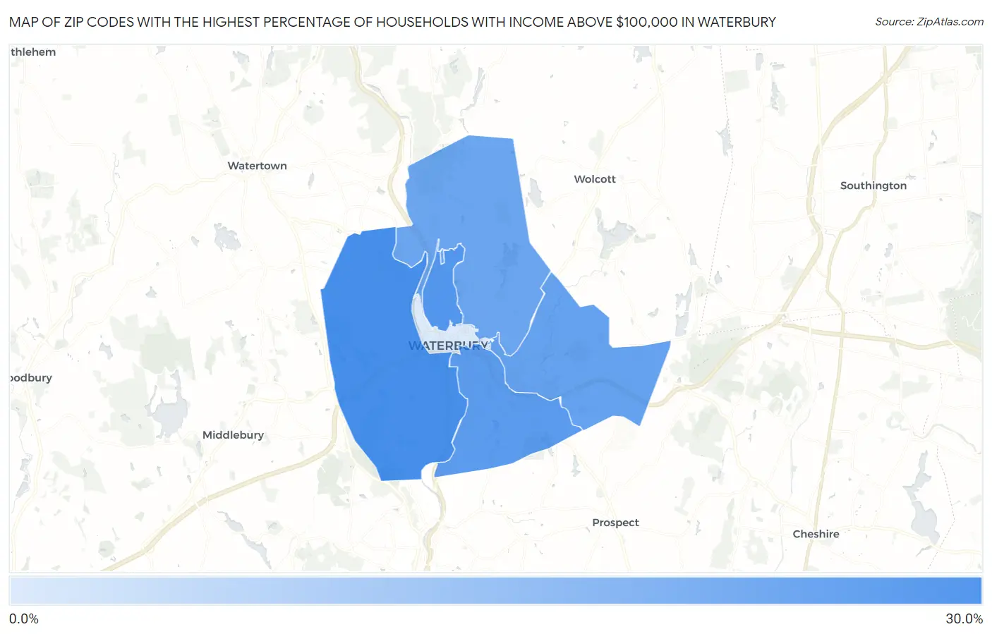 Zip Codes with the Highest Percentage of Households with Income Above $100,000 in Waterbury Map