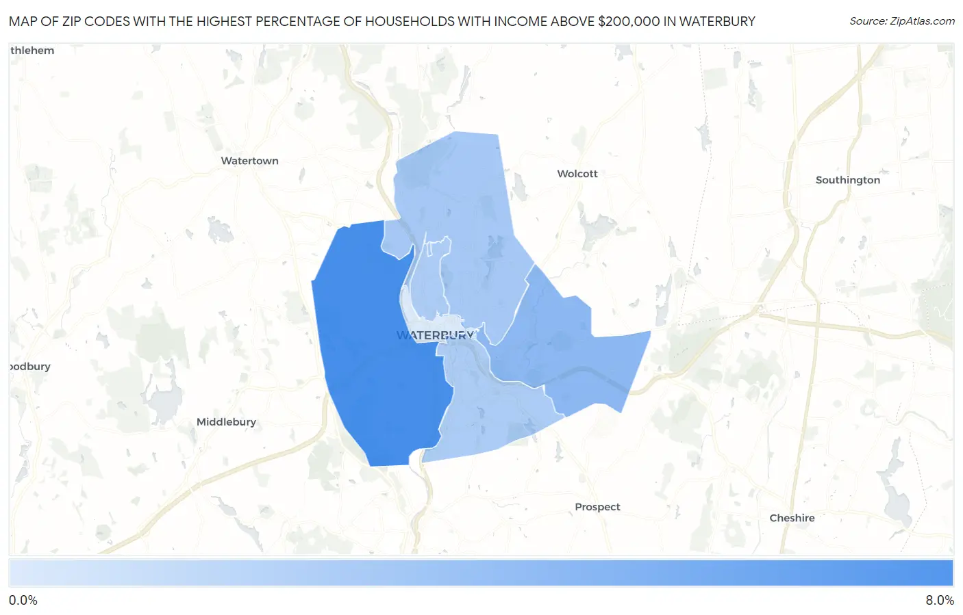Zip Codes with the Highest Percentage of Households with Income Above $200,000 in Waterbury Map