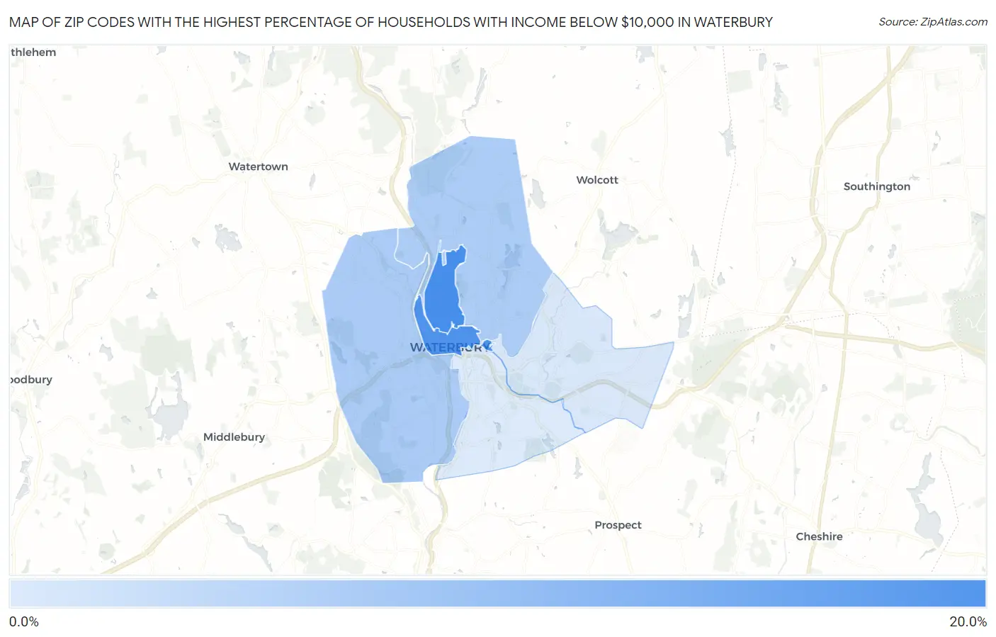Zip Codes with the Highest Percentage of Households with Income Below $10,000 in Waterbury Map
