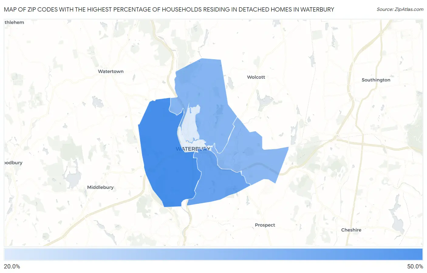 Zip Codes with the Highest Percentage of Households Residing in Detached Homes in Waterbury Map