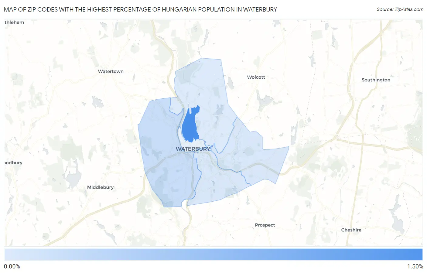 Zip Codes with the Highest Percentage of Hungarian Population in Waterbury Map