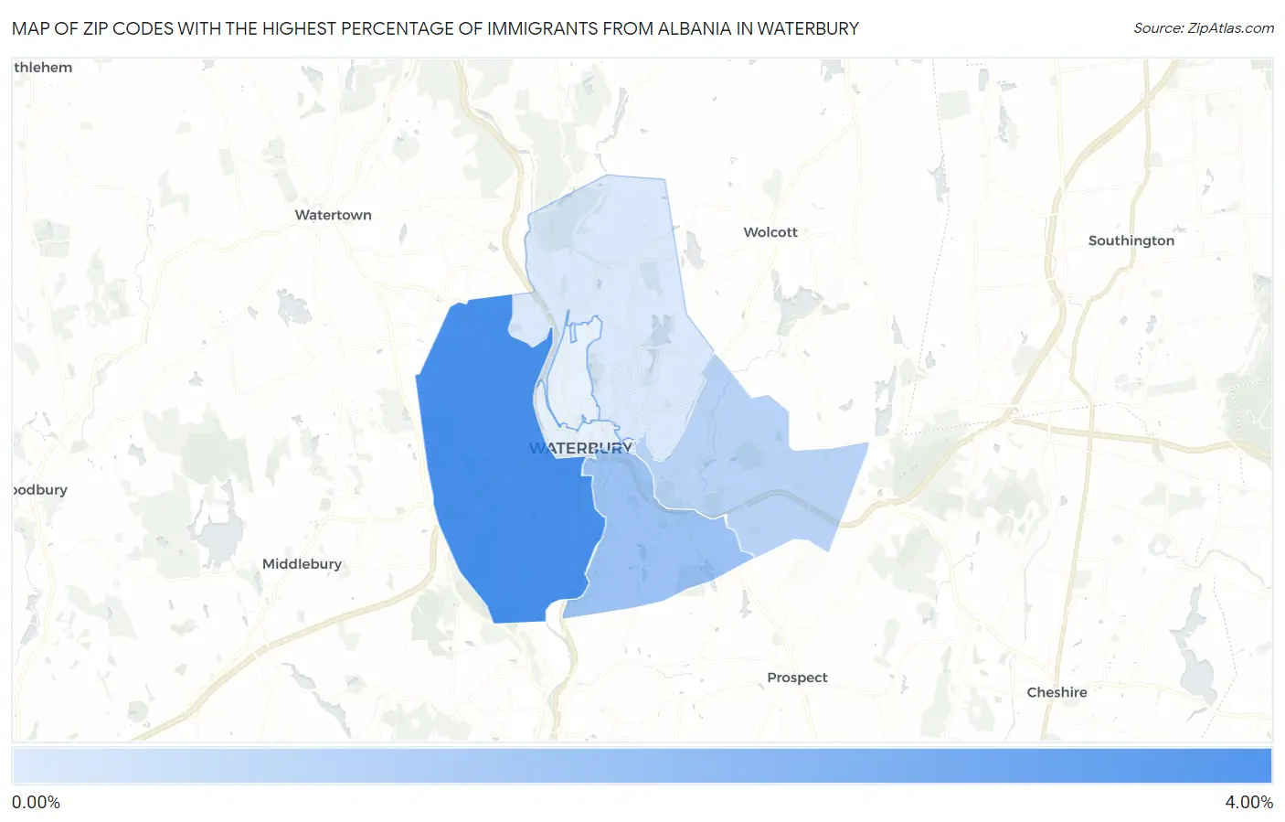 Zip Codes with the Highest Percentage of Immigrants from Albania in Waterbury Map