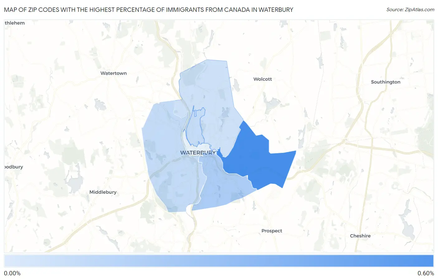 Zip Codes with the Highest Percentage of Immigrants from Canada in Waterbury Map