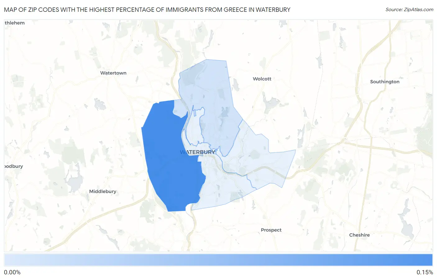 Zip Codes with the Highest Percentage of Immigrants from Greece in Waterbury Map