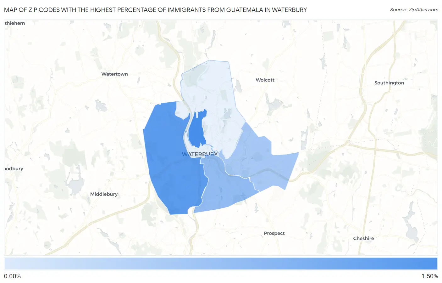 Zip Codes with the Highest Percentage of Immigrants from Guatemala in Waterbury Map