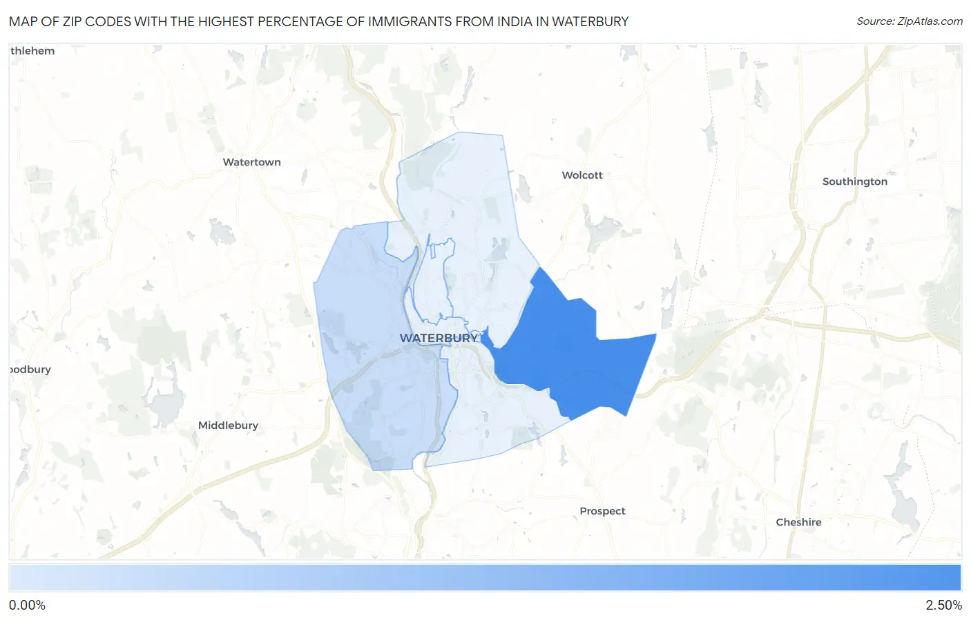 Zip Codes with the Highest Percentage of Immigrants from India in Waterbury Map