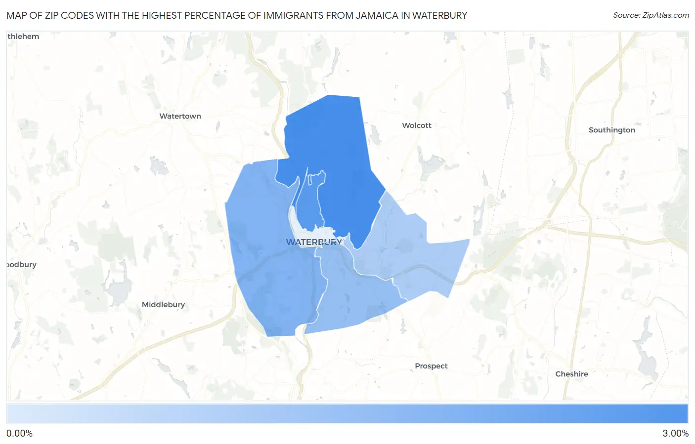 Zip Codes with the Highest Percentage of Immigrants from Jamaica in Waterbury Map