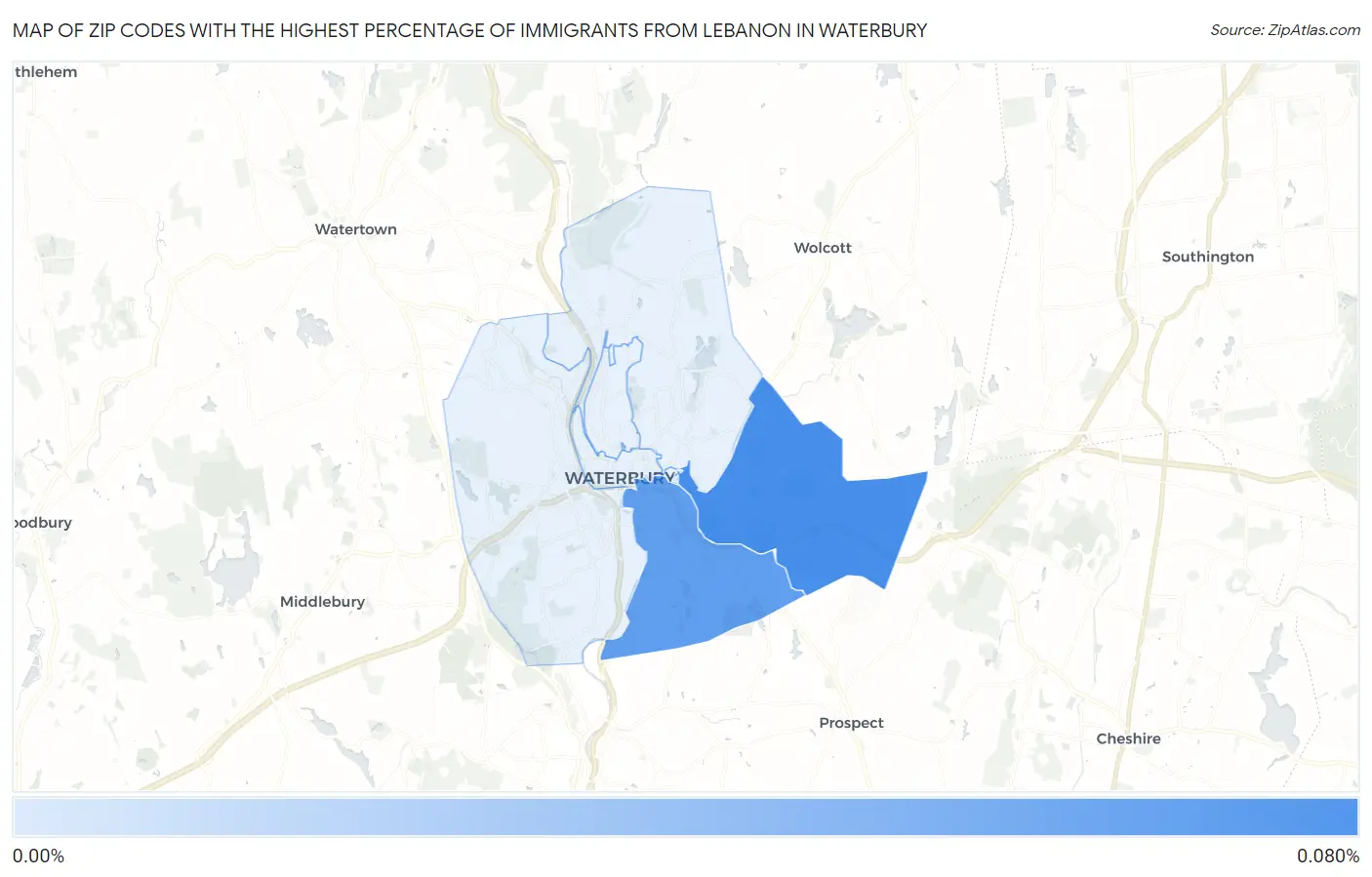 Zip Codes with the Highest Percentage of Immigrants from Lebanon in Waterbury Map