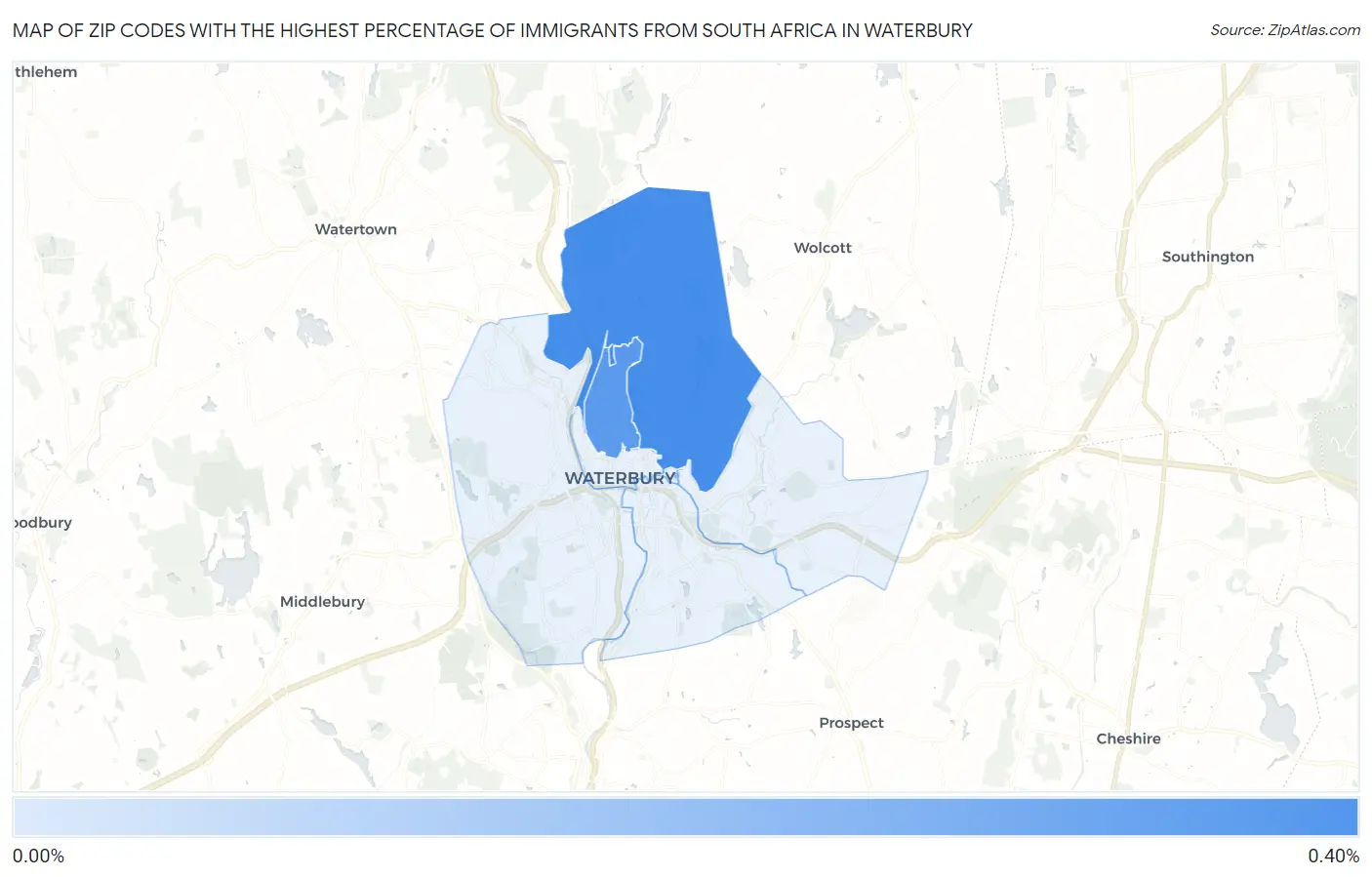 Zip Codes with the Highest Percentage of Immigrants from South Africa in Waterbury Map