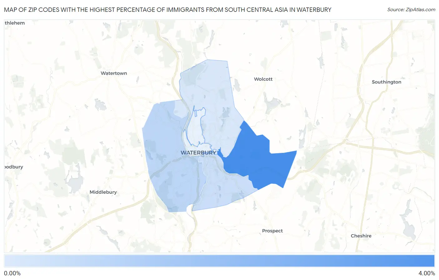 Zip Codes with the Highest Percentage of Immigrants from South Central Asia in Waterbury Map