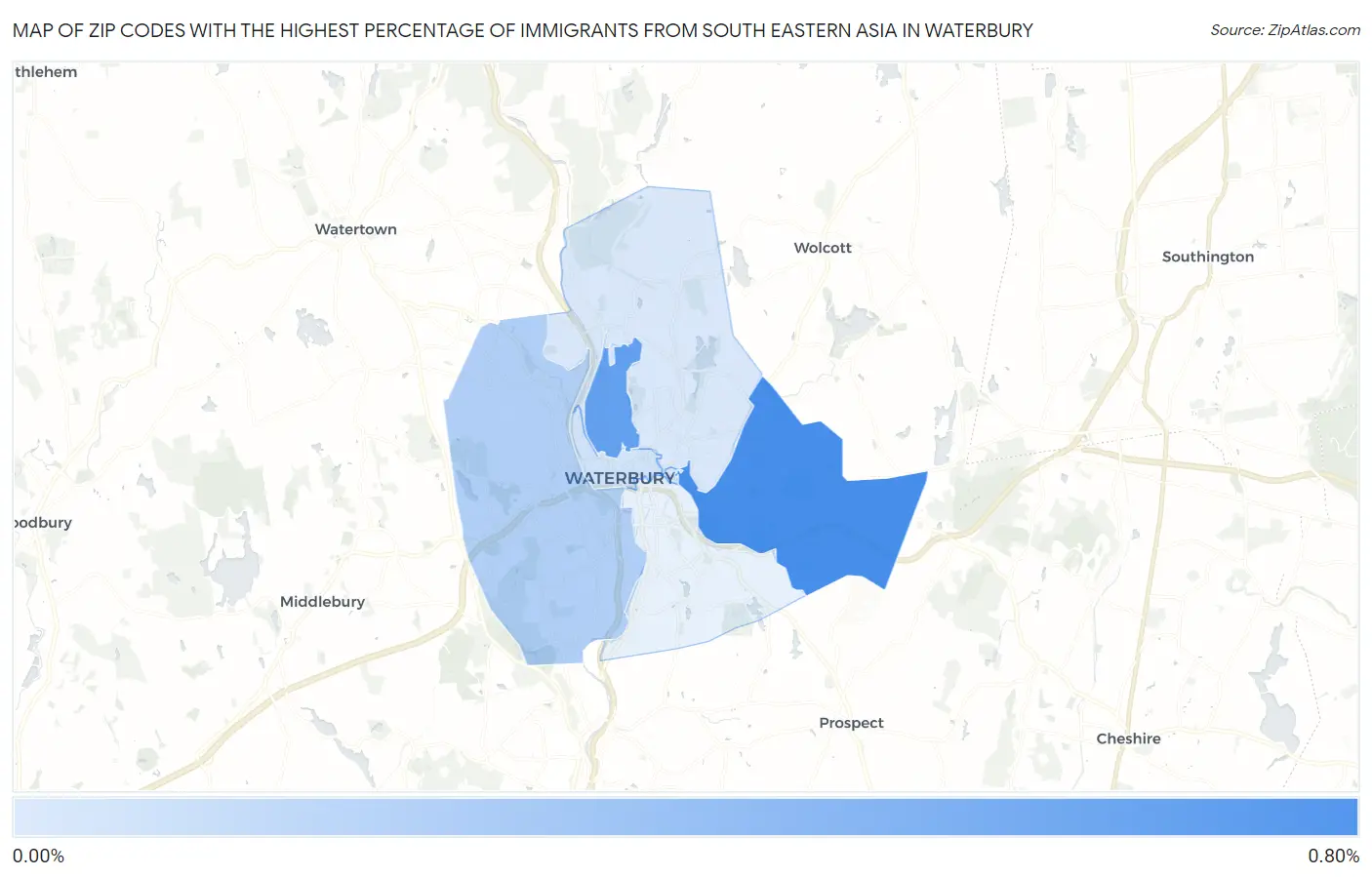 Zip Codes with the Highest Percentage of Immigrants from South Eastern Asia in Waterbury Map