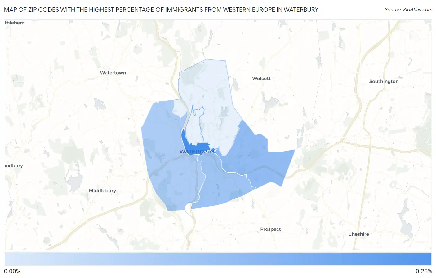 Zip Codes with the Highest Percentage of Immigrants from Western Europe in Waterbury Map