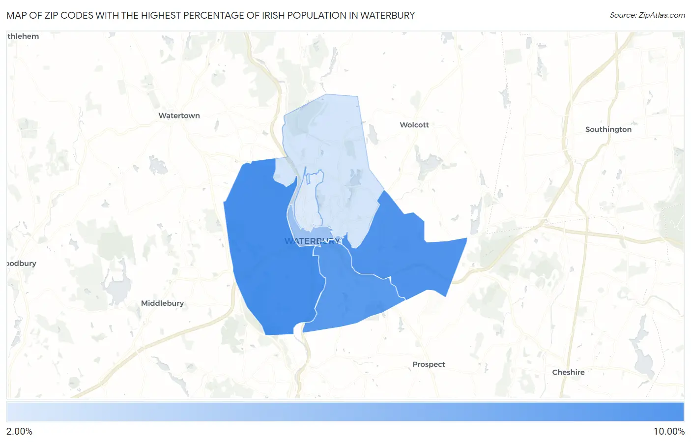 Zip Codes with the Highest Percentage of Irish Population in Waterbury Map