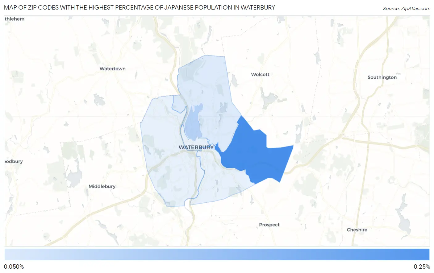 Zip Codes with the Highest Percentage of Japanese Population in Waterbury Map