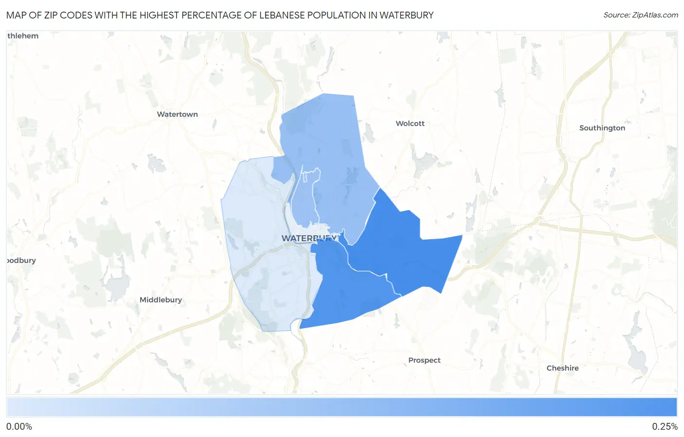 Zip Codes with the Highest Percentage of Lebanese Population in Waterbury Map