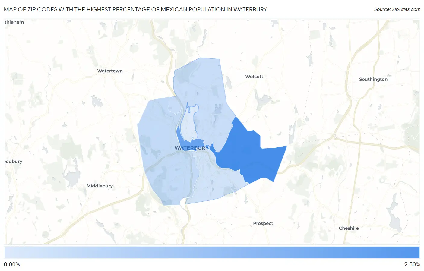 Zip Codes with the Highest Percentage of Mexican Population in Waterbury Map