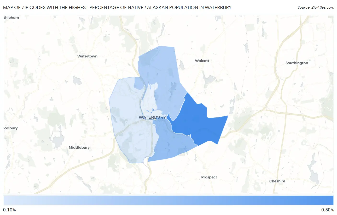 Zip Codes with the Highest Percentage of Native / Alaskan Population in Waterbury Map