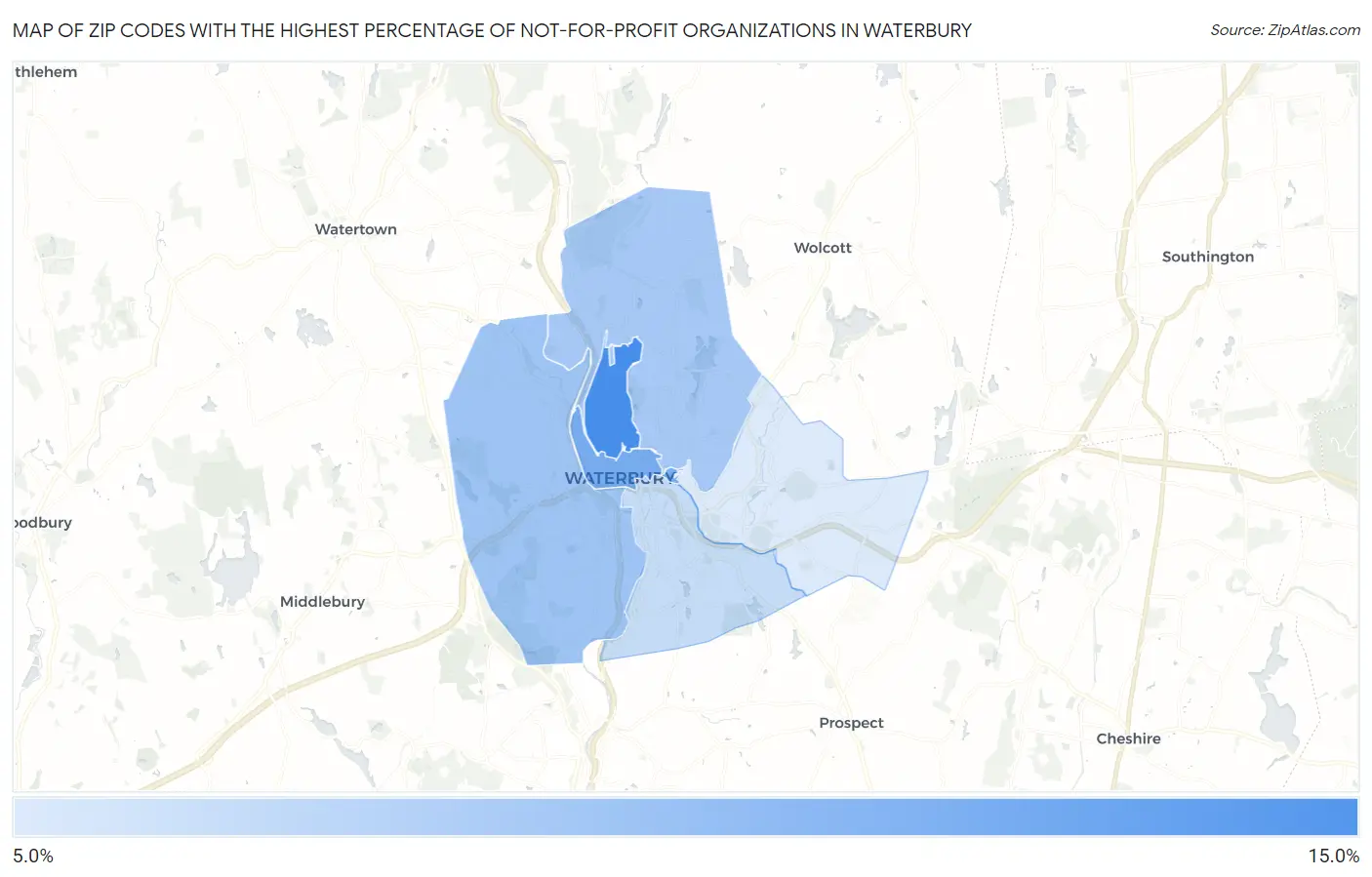 Zip Codes with the Highest Percentage of Not-for-profit Organizations in Waterbury Map