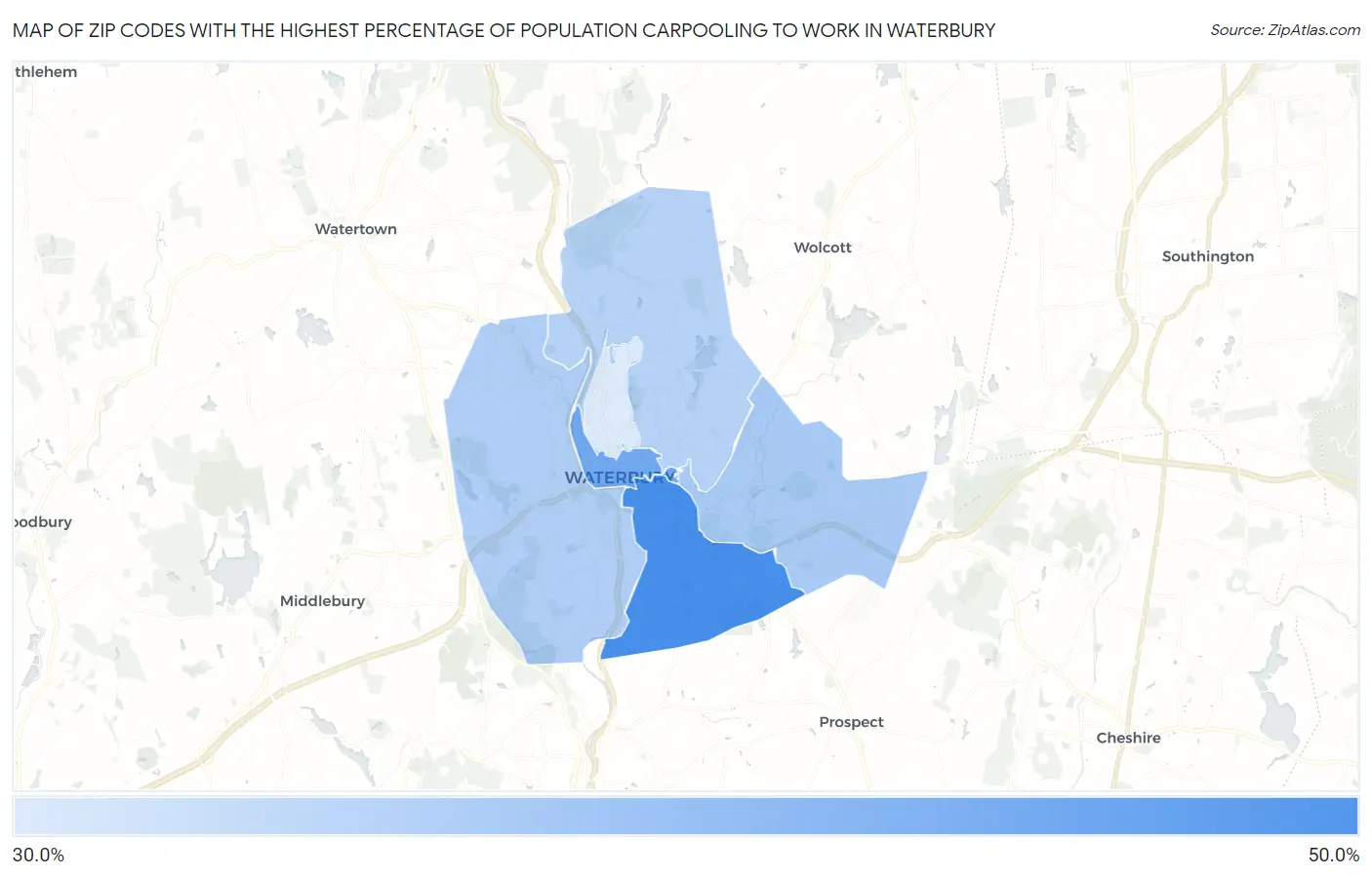 Zip Codes with the Highest Percentage of Population Carpooling to Work in Waterbury Map