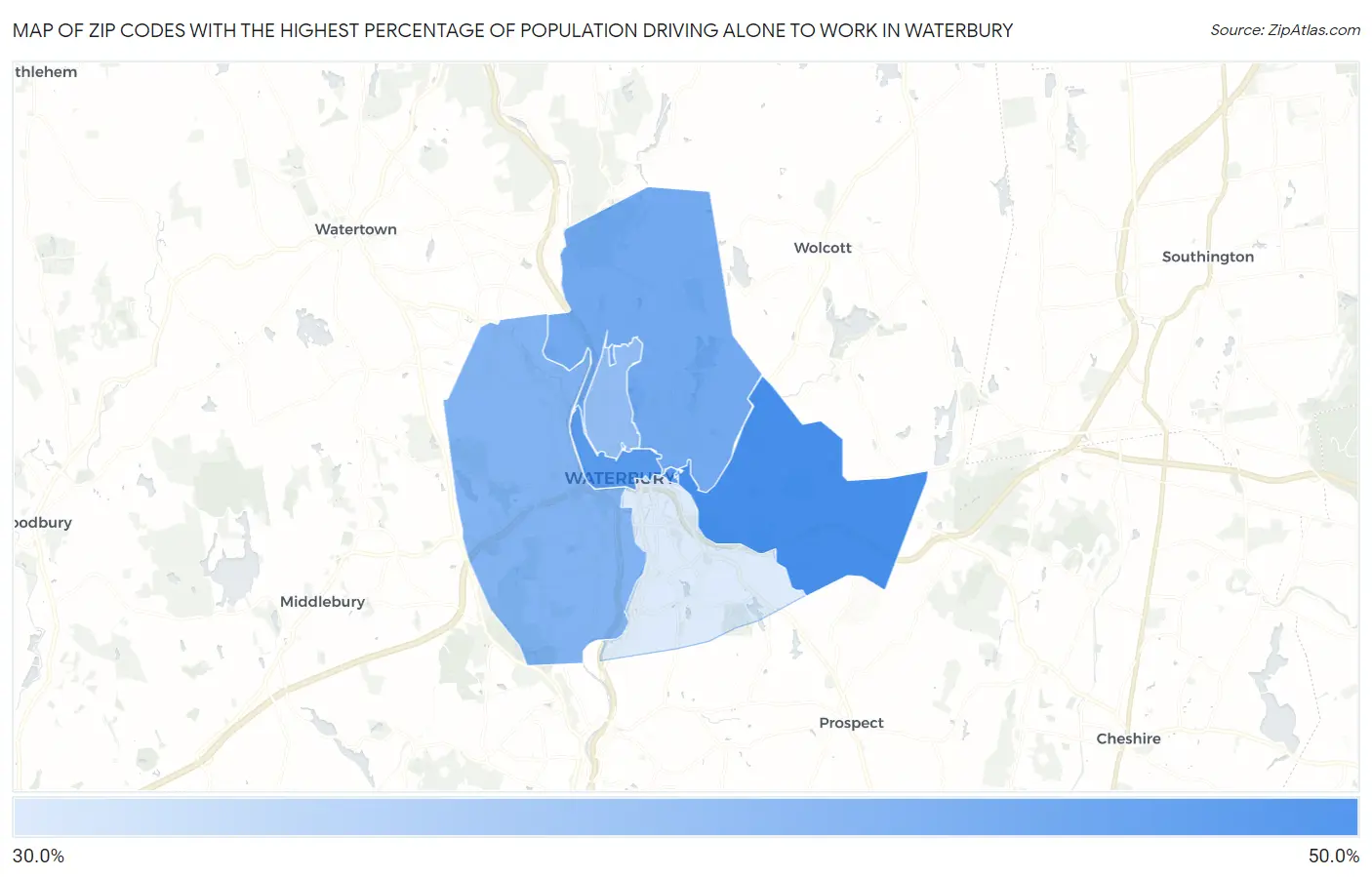 Zip Codes with the Highest Percentage of Population Driving Alone to Work in Waterbury Map