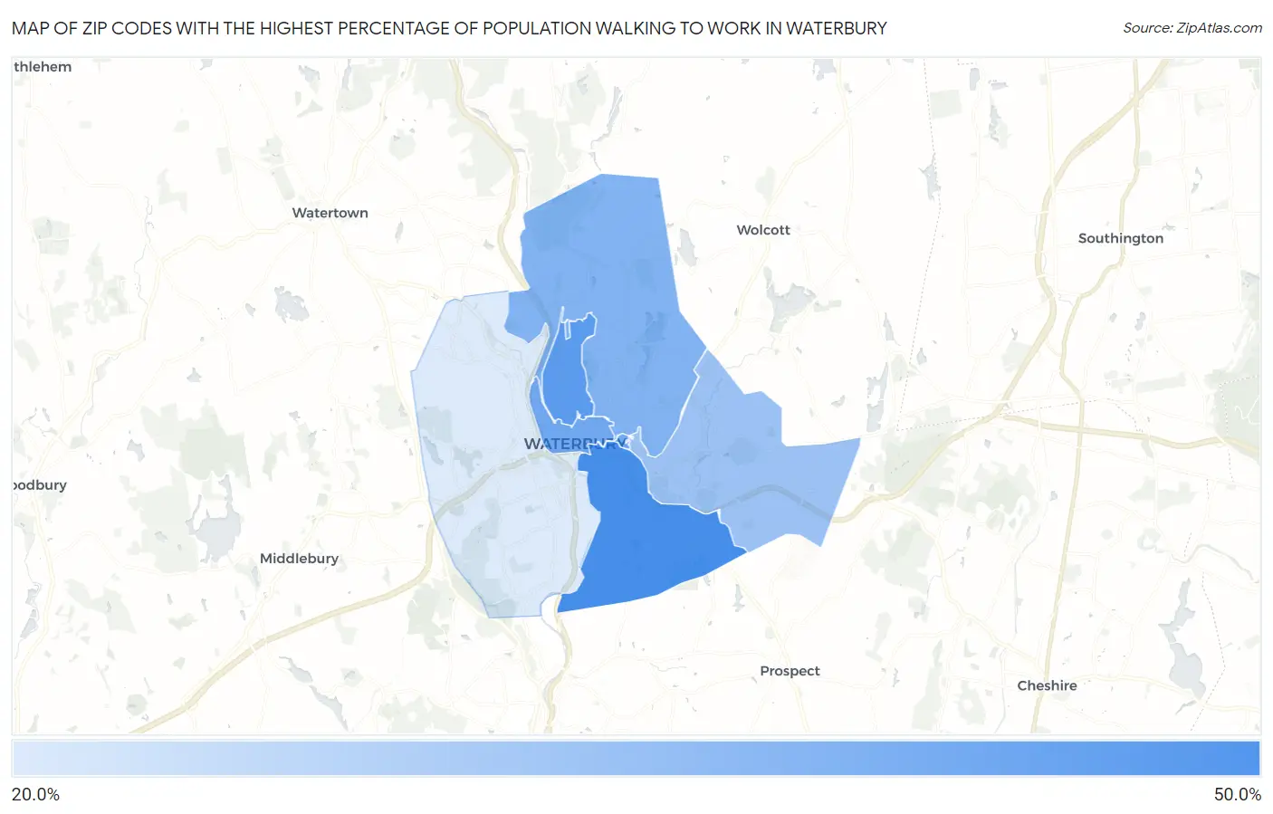 Zip Codes with the Highest Percentage of Population Walking to Work in Waterbury Map