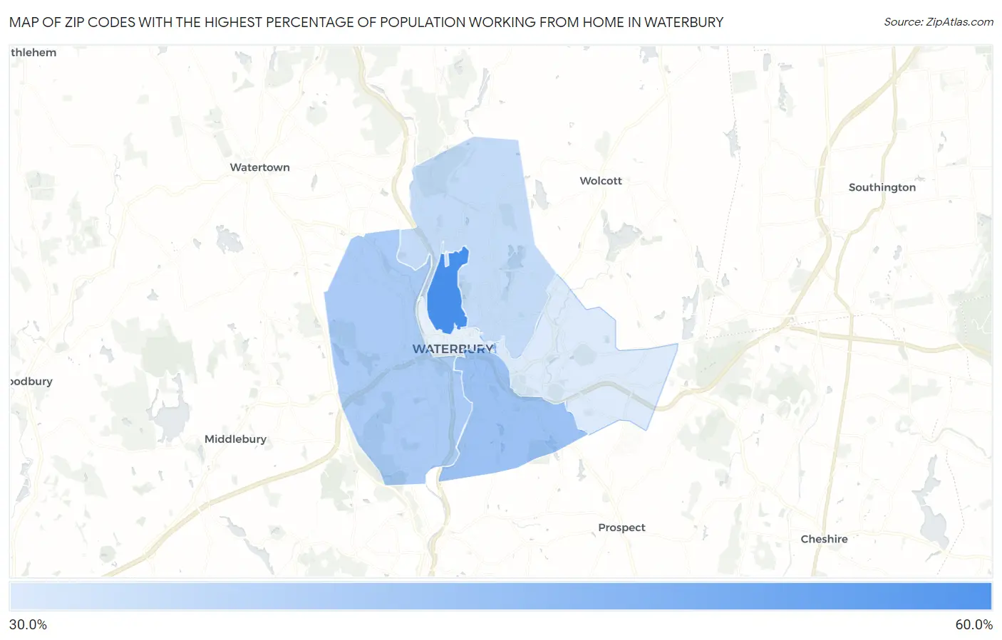 Zip Codes with the Highest Percentage of Population Working from Home in Waterbury Map