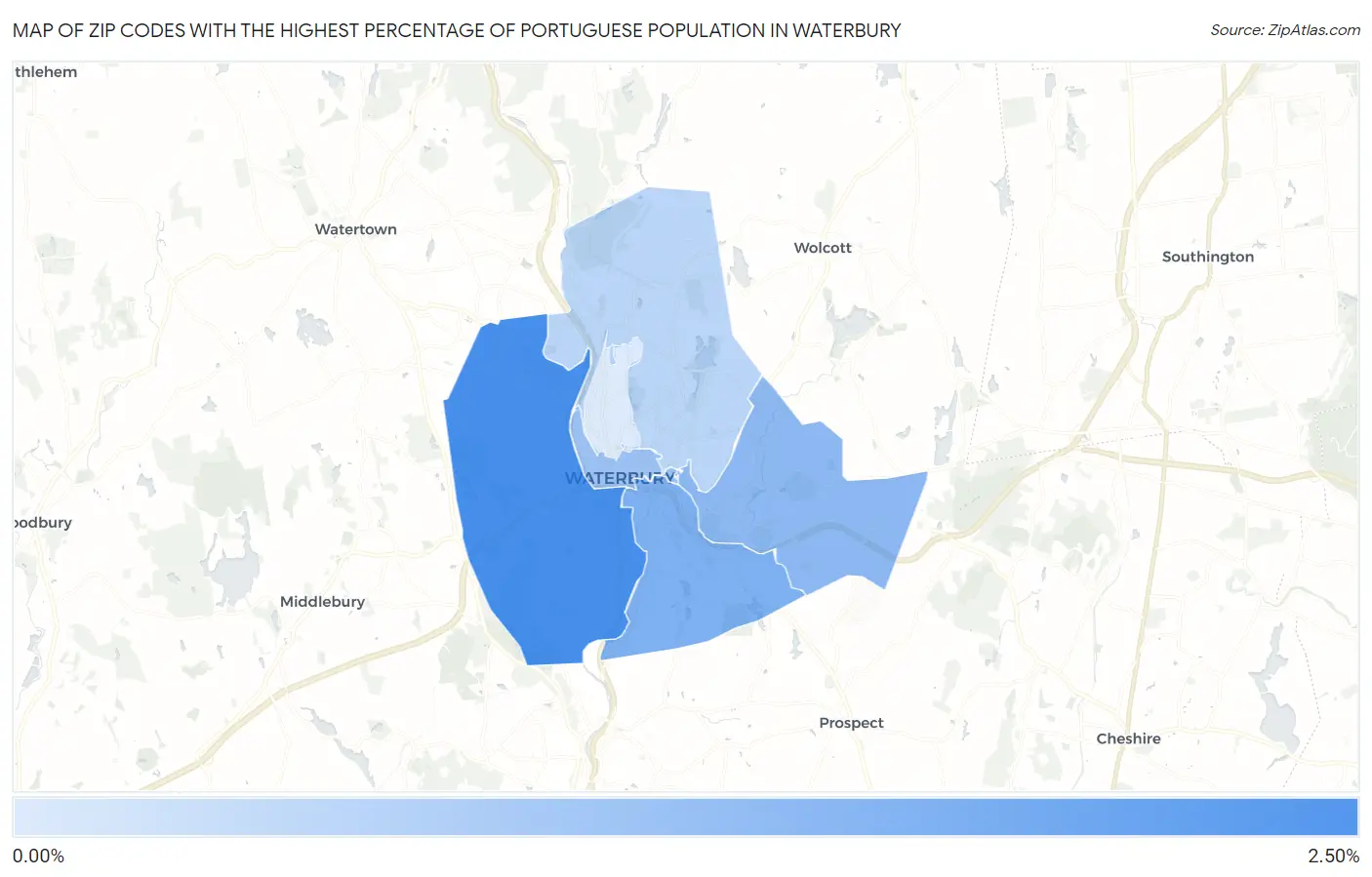 Zip Codes with the Highest Percentage of Portuguese Population in Waterbury Map