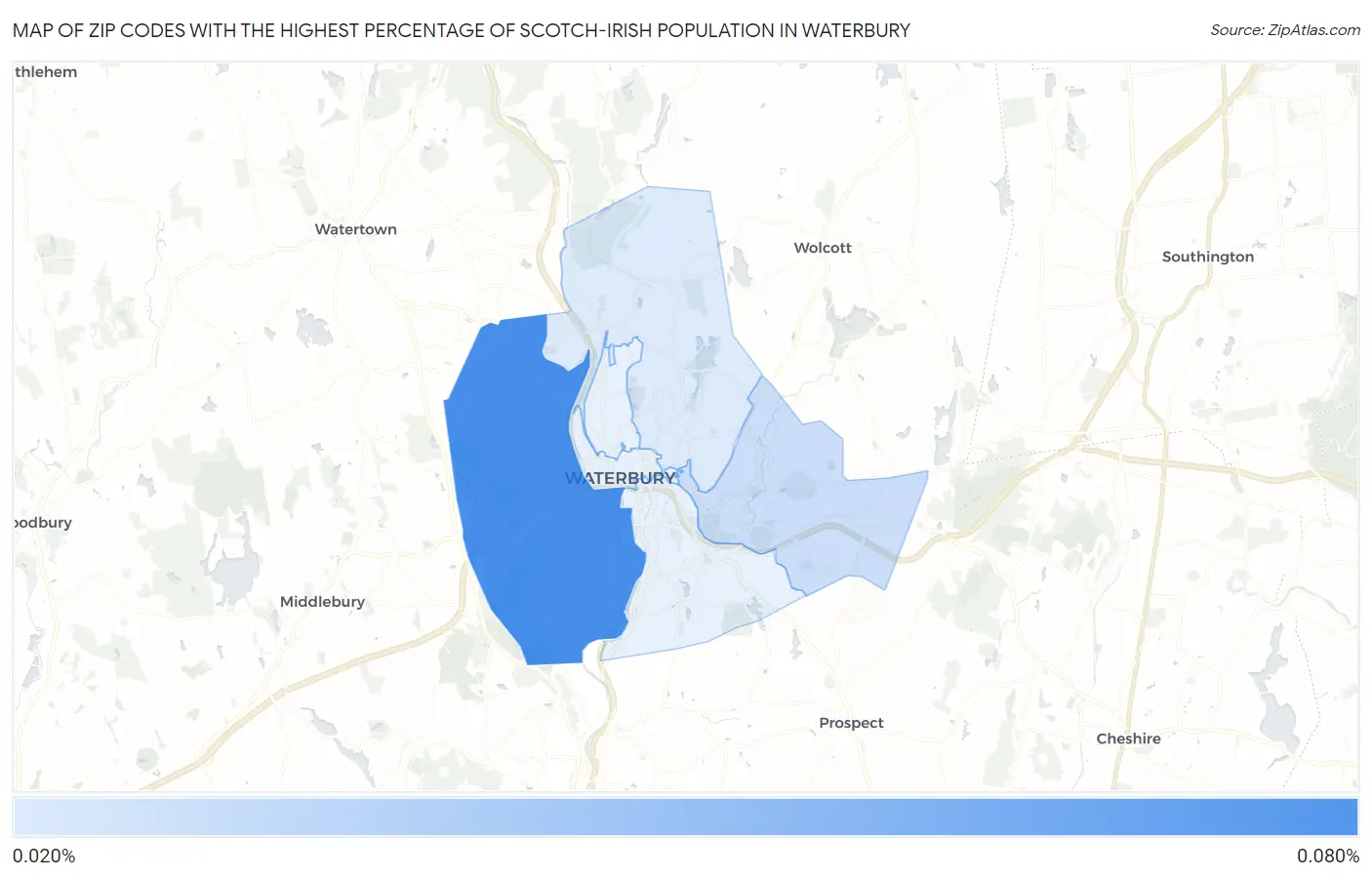 Zip Codes with the Highest Percentage of Scotch-Irish Population in Waterbury Map