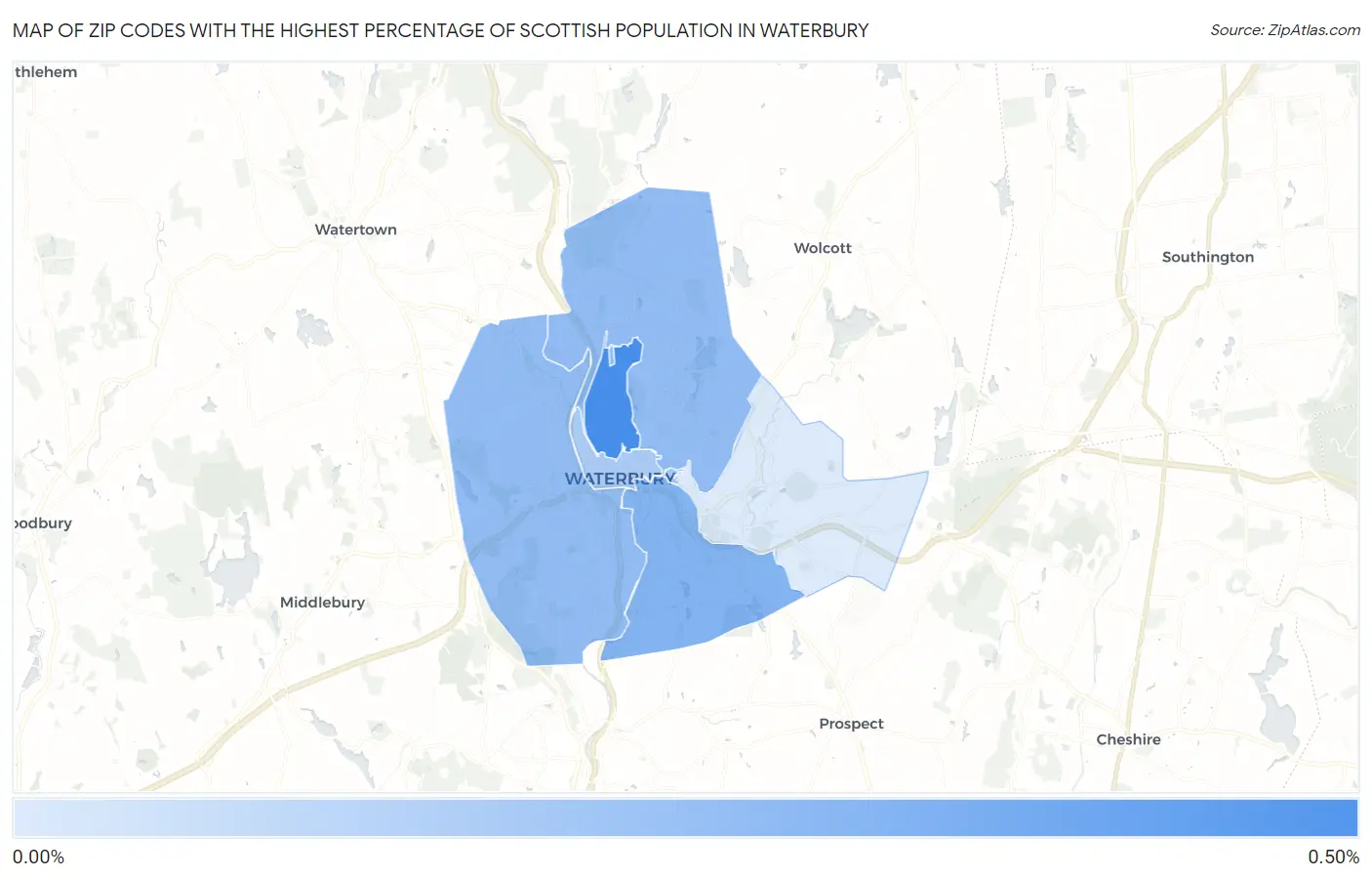 Zip Codes with the Highest Percentage of Scottish Population in Waterbury Map