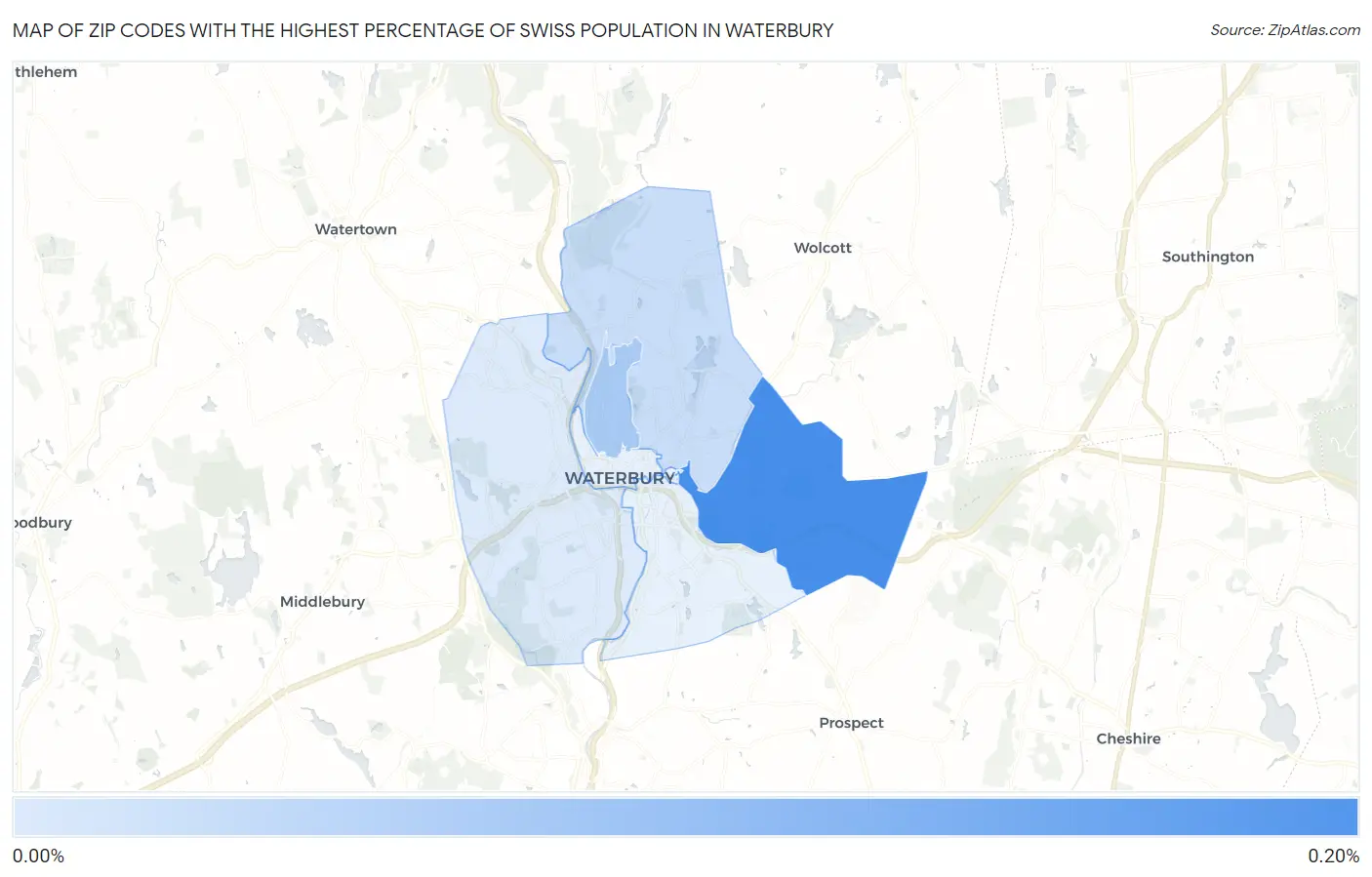 Zip Codes with the Highest Percentage of Swiss Population in Waterbury Map
