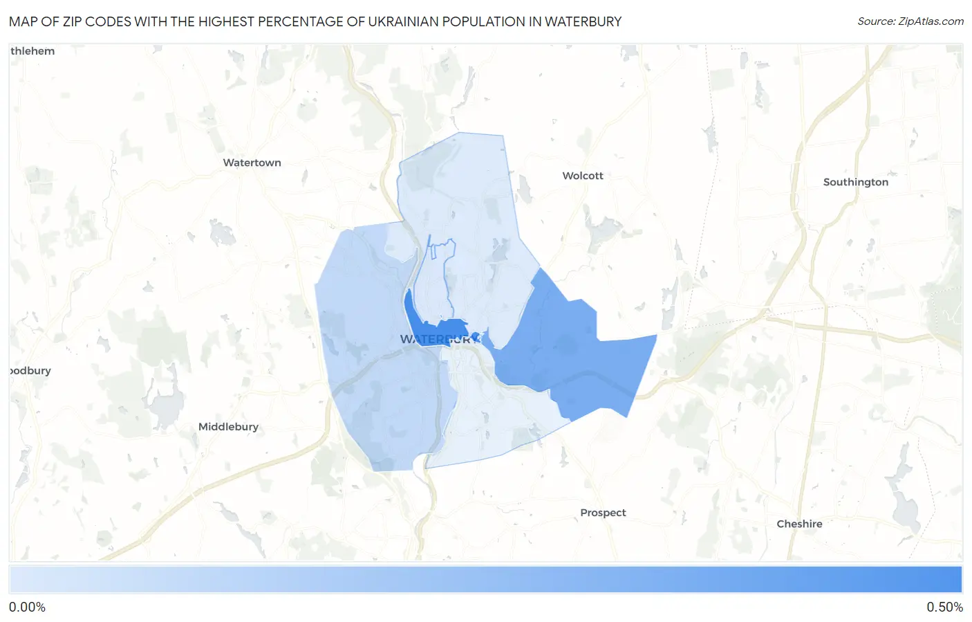 Zip Codes with the Highest Percentage of Ukrainian Population in Waterbury Map