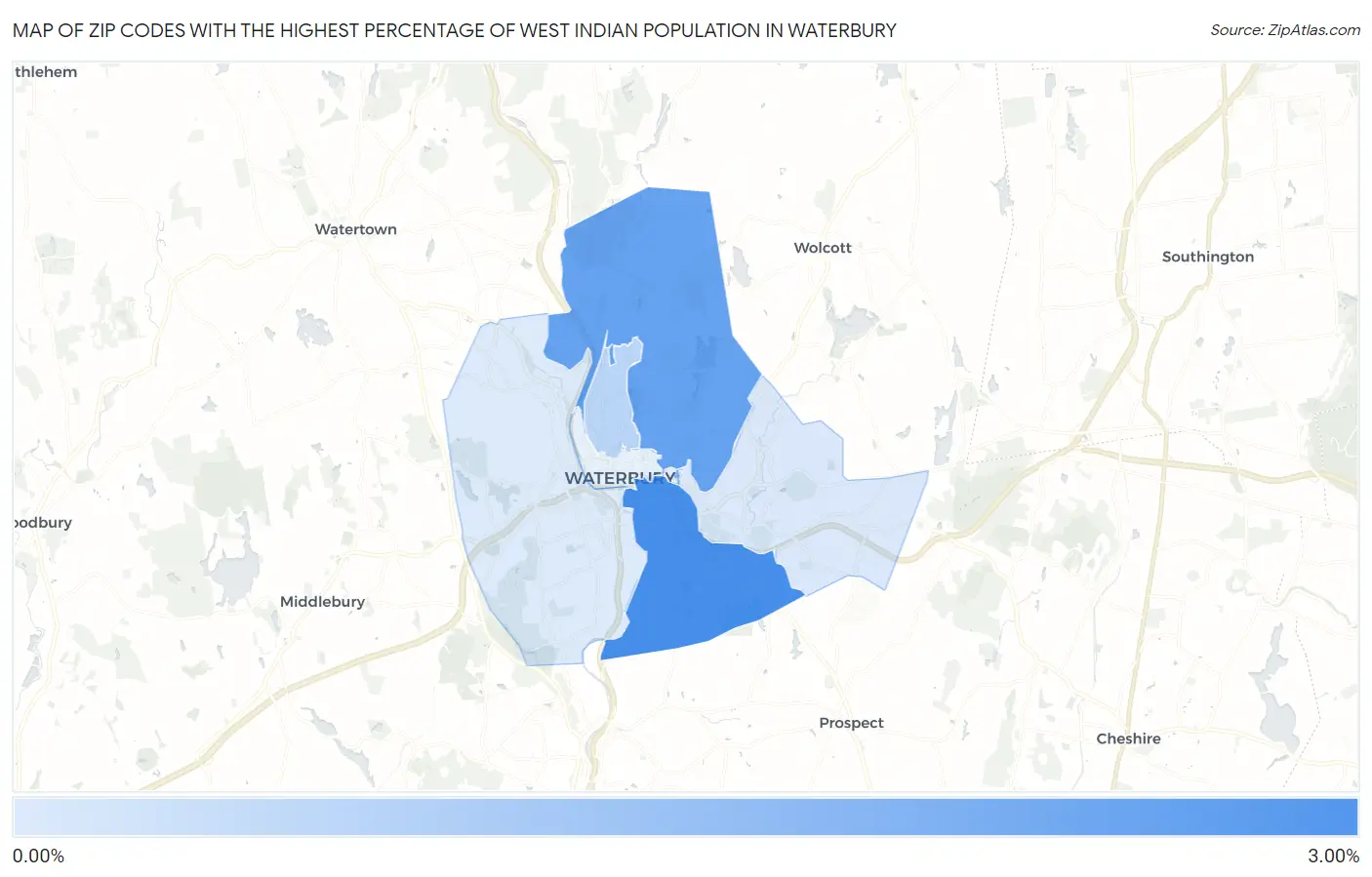 Zip Codes with the Highest Percentage of West Indian Population in Waterbury Map