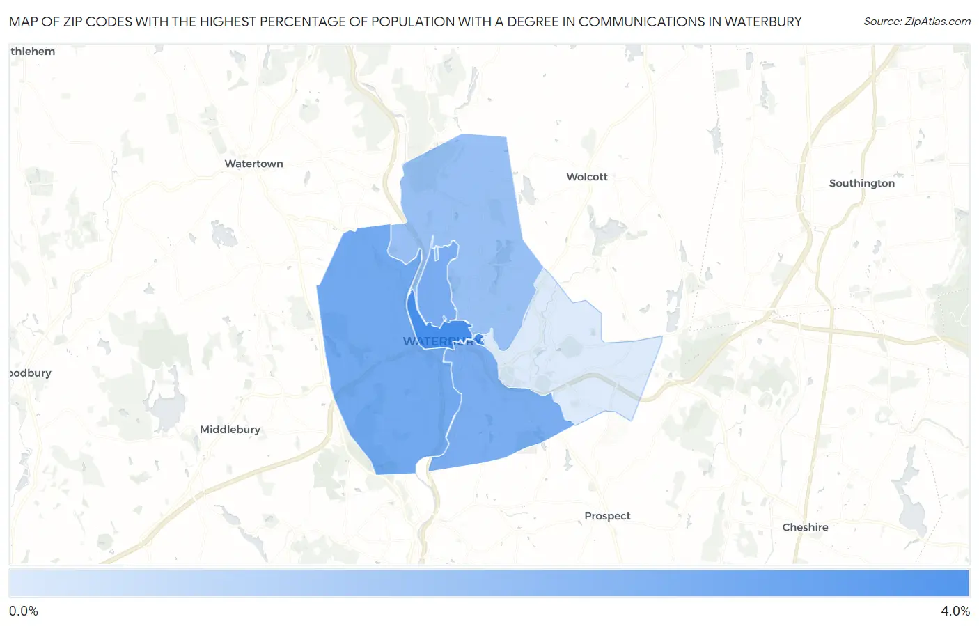 Zip Codes with the Highest Percentage of Population with a Degree in Communications in Waterbury Map
