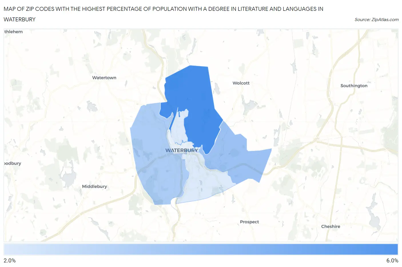 Zip Codes with the Highest Percentage of Population with a Degree in Literature and Languages in Waterbury Map
