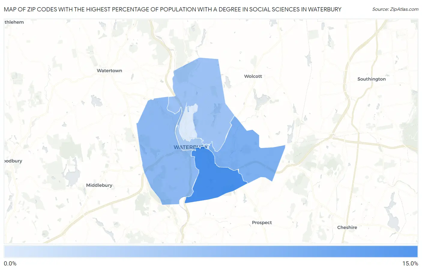 Zip Codes with the Highest Percentage of Population with a Degree in Social Sciences in Waterbury Map