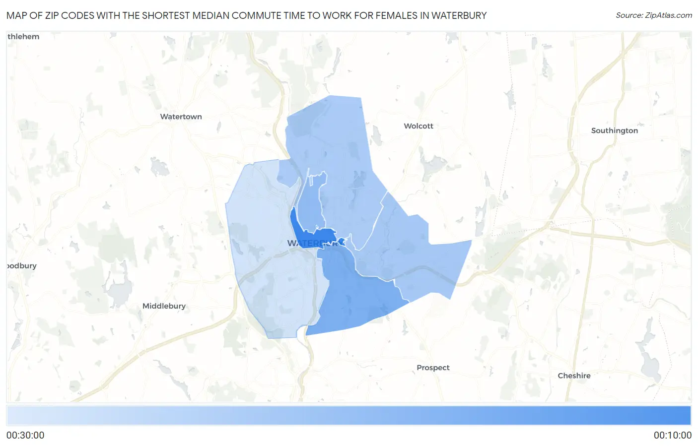Zip Codes with the Shortest Median Commute Time to Work for Females in Waterbury Map