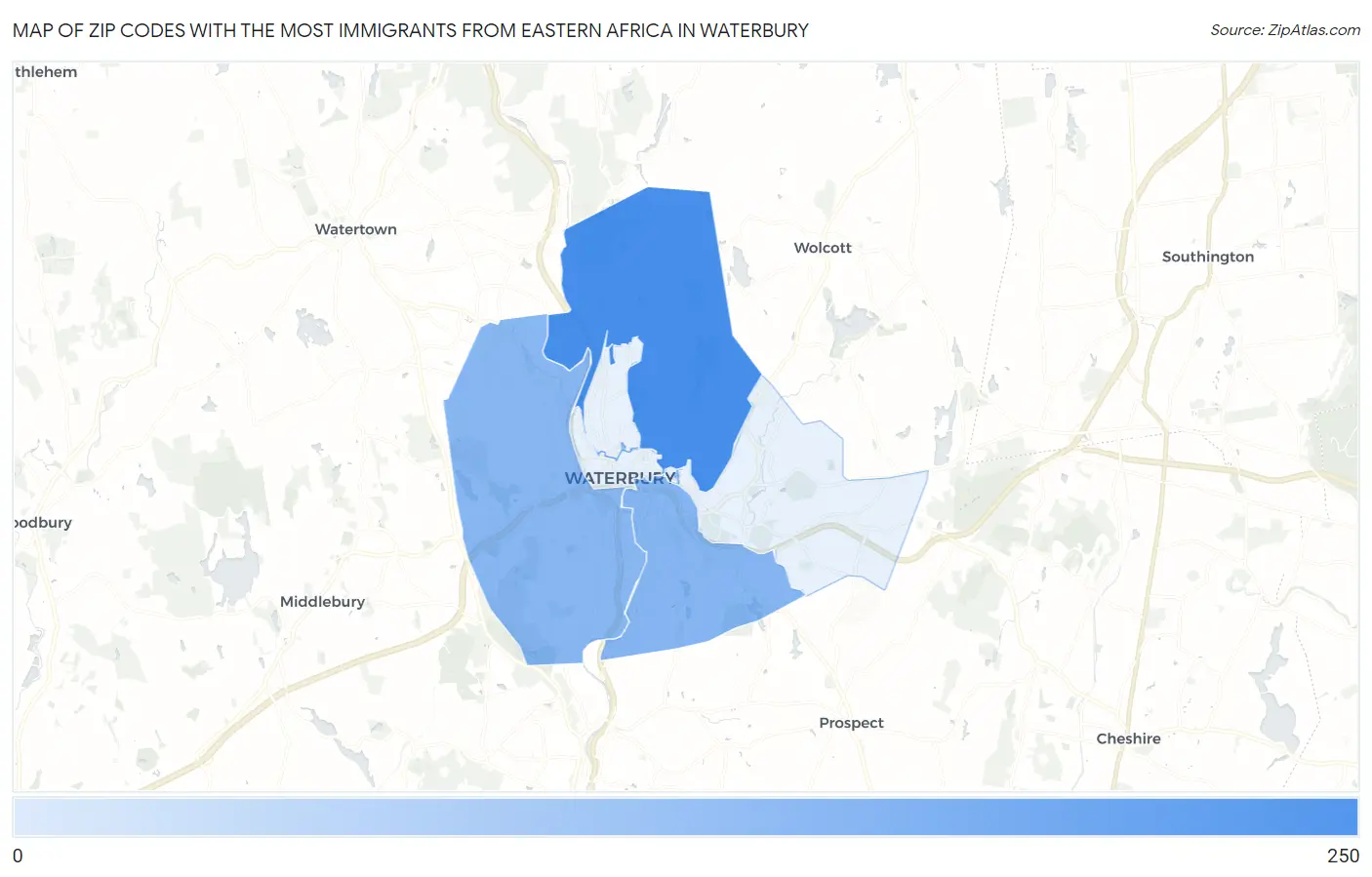 Zip Codes with the Most Immigrants from Eastern Africa in Waterbury Map