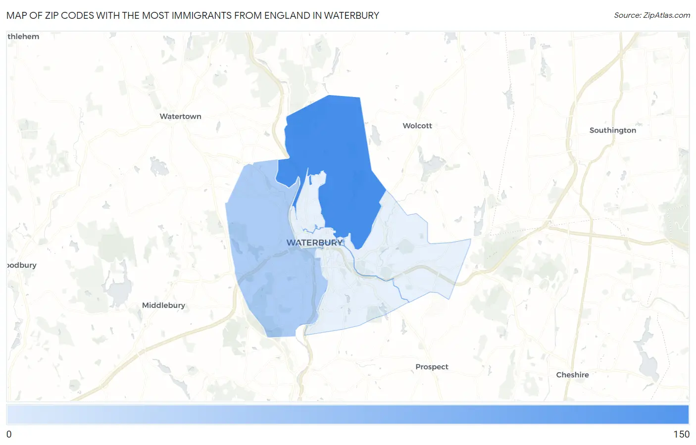 Zip Codes with the Most Immigrants from England in Waterbury Map