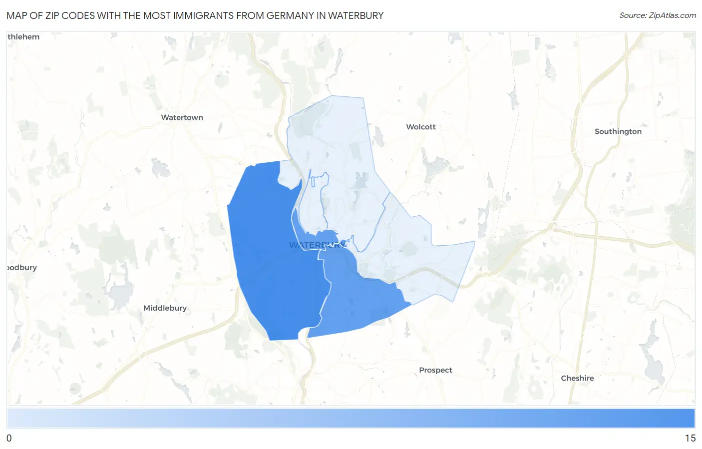 Zip Codes with the Most Immigrants from Germany in Waterbury Map