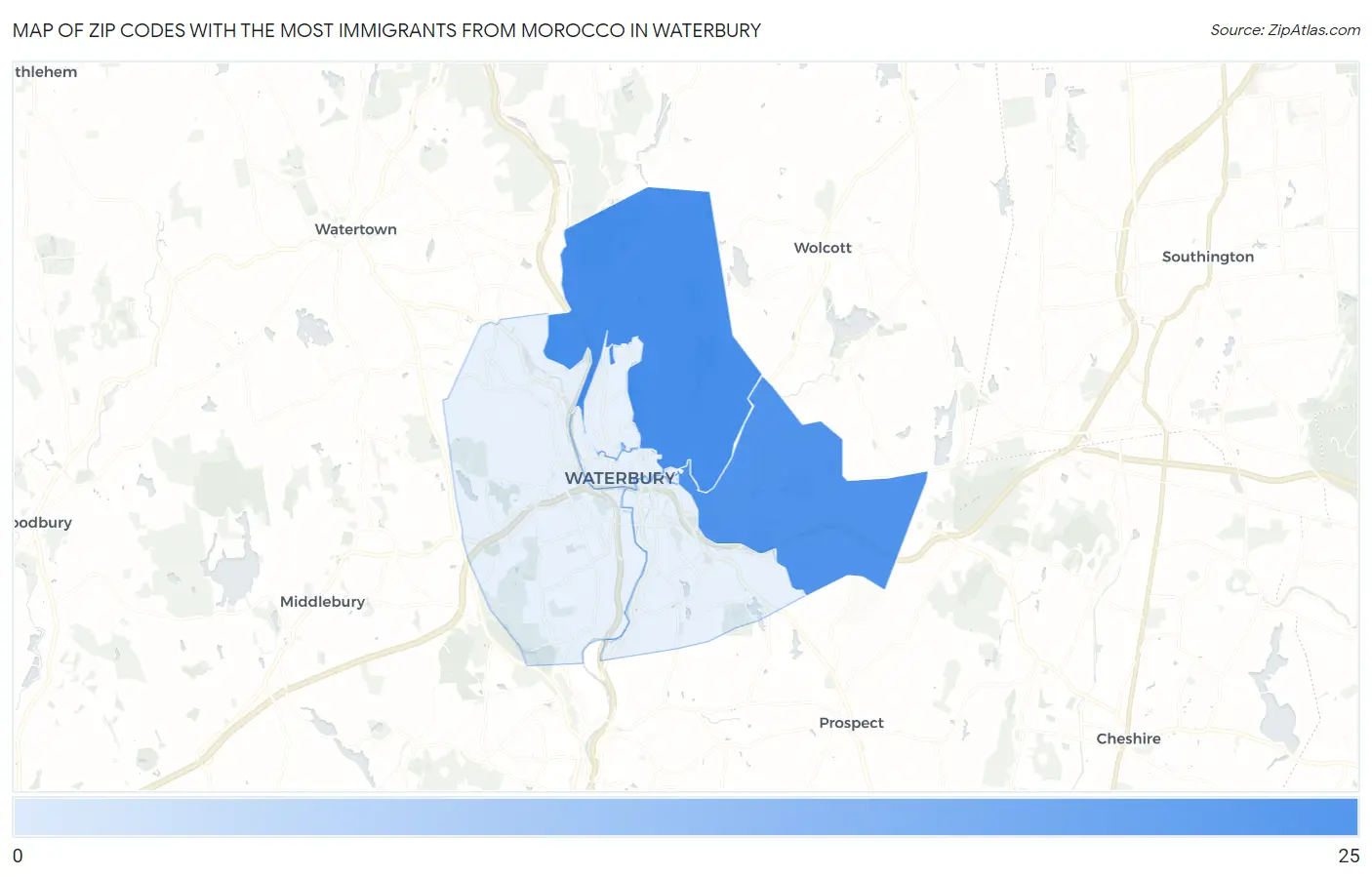 Zip Codes with the Most Immigrants from Morocco in Waterbury Map