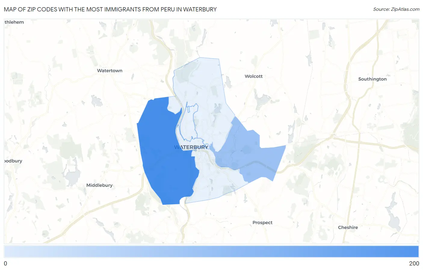 Zip Codes with the Most Immigrants from Peru in Waterbury Map