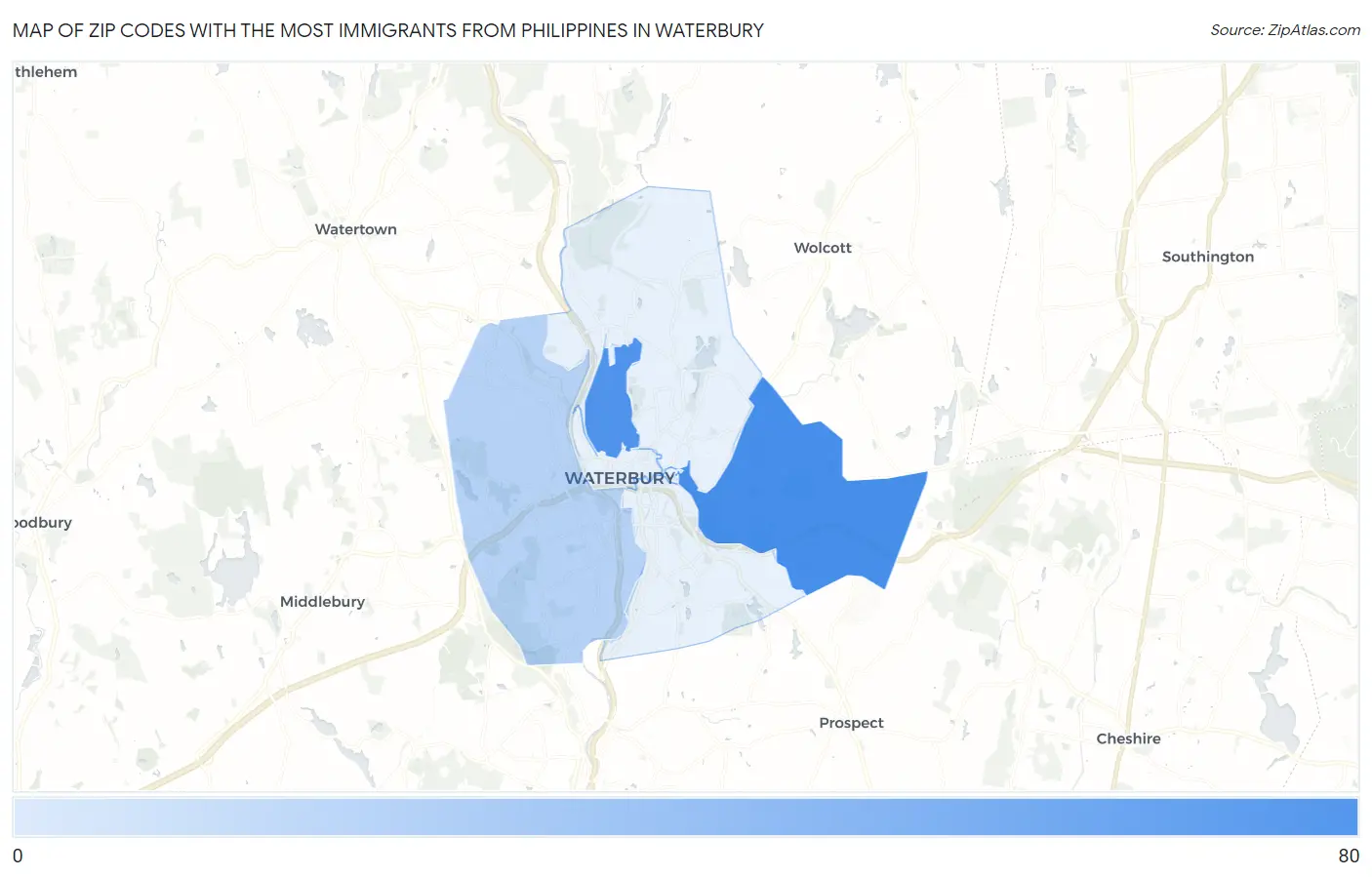Zip Codes with the Most Immigrants from Philippines in Waterbury Map