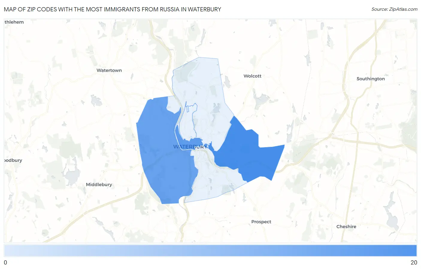 Zip Codes with the Most Immigrants from Russia in Waterbury Map