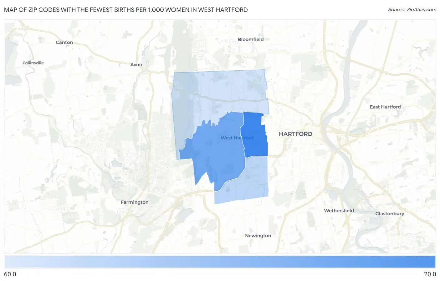 Zip Codes with the Fewest Births per 1,000 Women in West Hartford Map