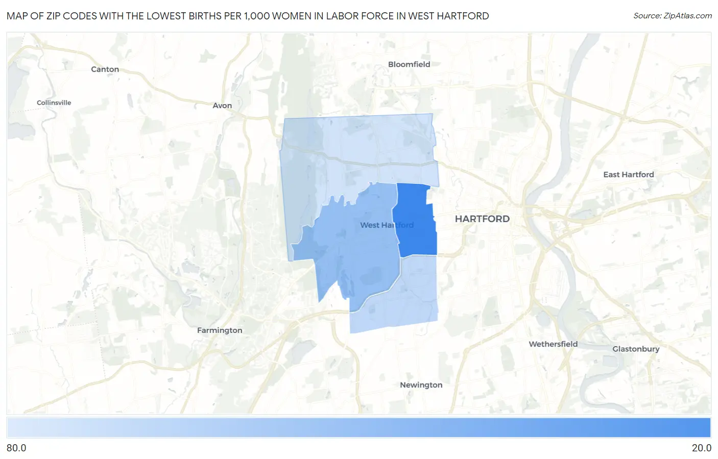 Zip Codes with the Lowest Births per 1,000 Women in Labor Force in West Hartford Map