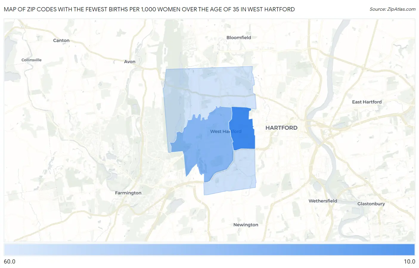 Zip Codes with the Fewest Births per 1,000 Women Over the Age of 35 in West Hartford Map